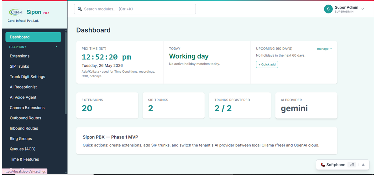 Sipon IPPBX admin dashboard — live KPIs, AI provider, multi-tenant sidebar